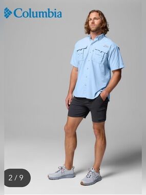 Columbia Performance Fishing Shirt Short Sleeve Lt. Blue Sz XL